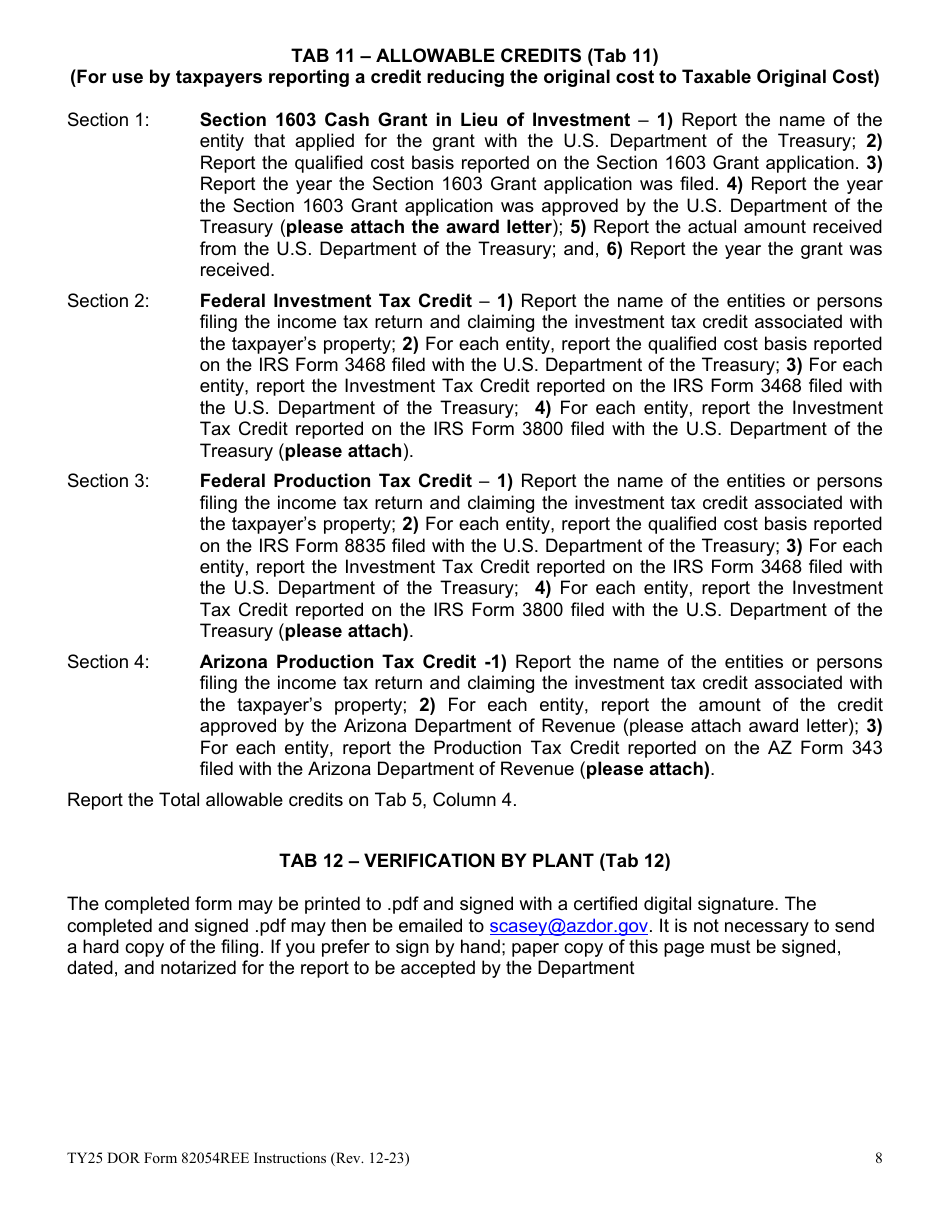 Instructions for DOR Form 82054REE Renewable Energy Equipment Property Tax Form - Arizona, Page 8