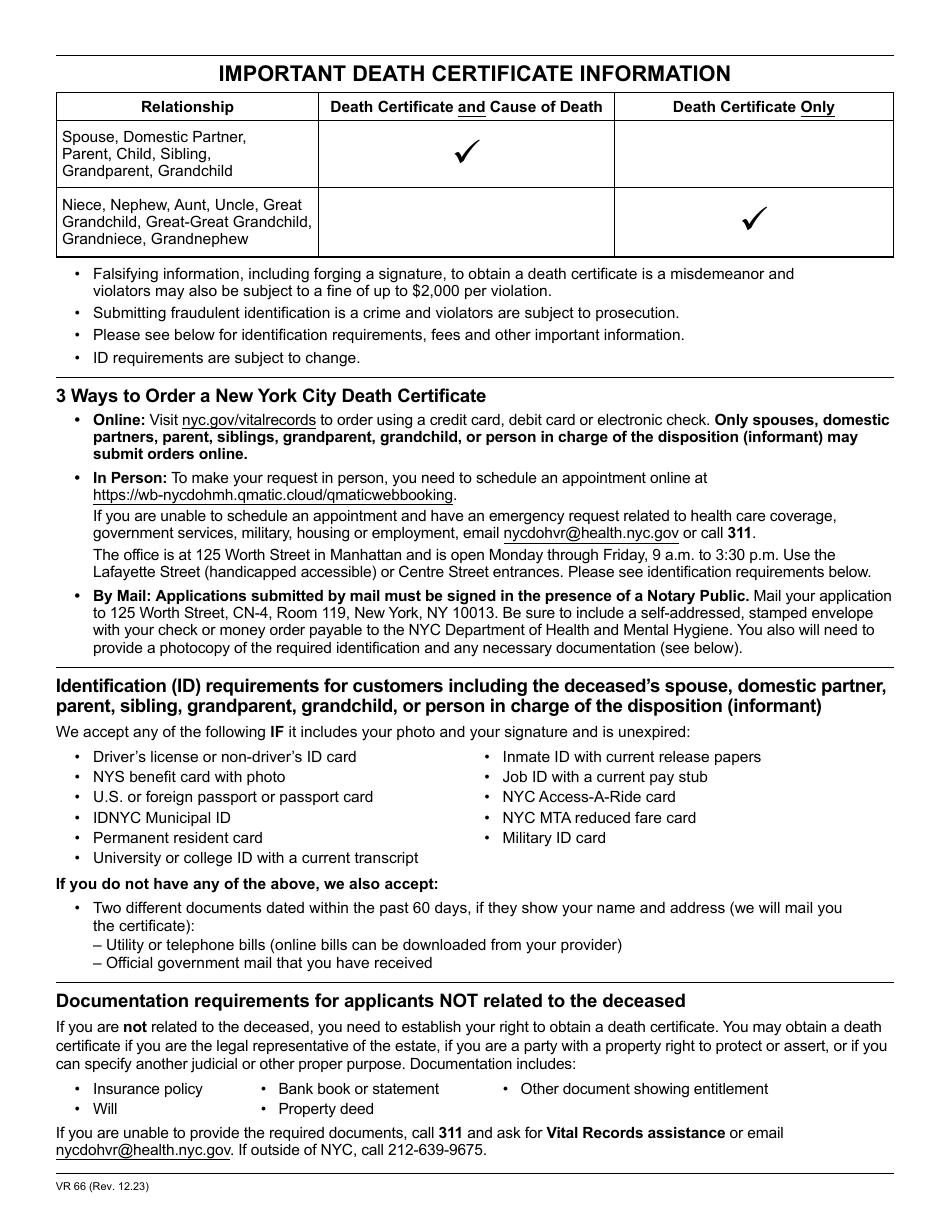 Form VR66 Death Certificate Application - New York City, Page 1