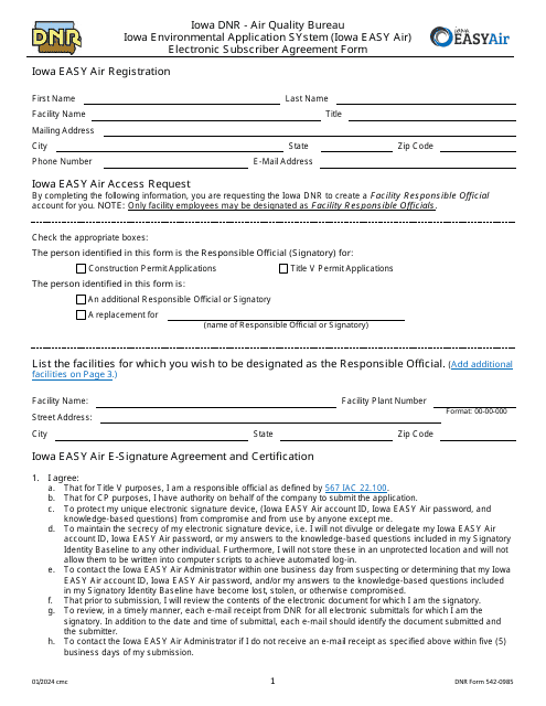 DNR Form 542-0985 Electronic Subscriber Agreement Form - Iowa Environmental Application System (Iowa Easy Air) - Iowa