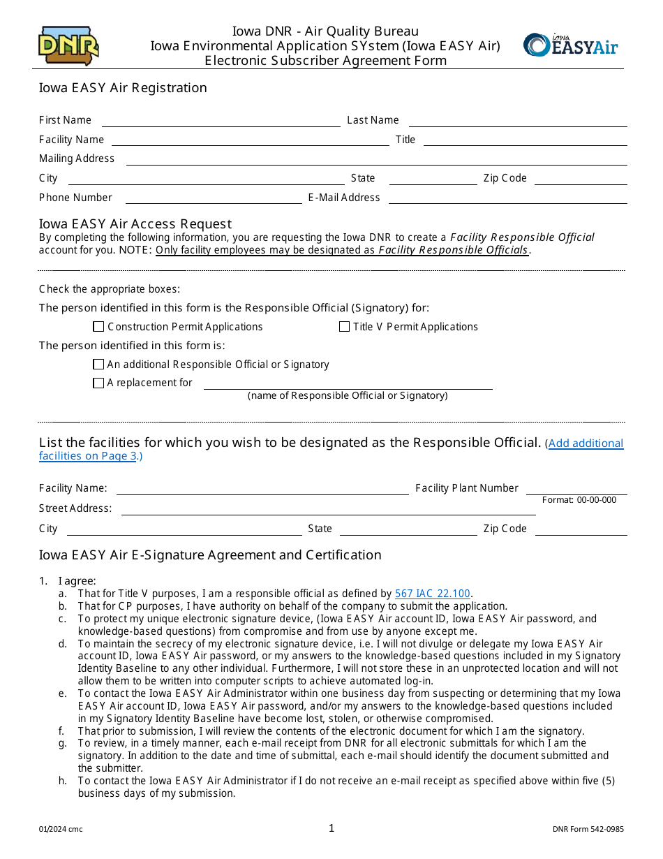DNR Form 542-0985 Electronic Subscriber Agreement Form - Iowa Environmental Application System (Iowa Easy Air) - Iowa, Page 1