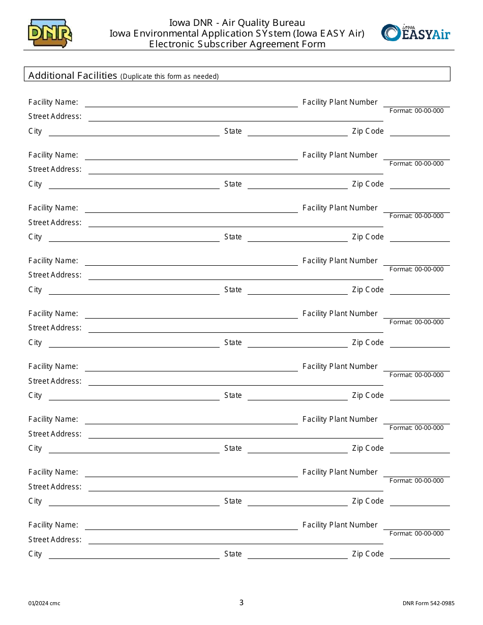 DNR Form 542-0985 Electronic Subscriber Agreement Form - Iowa Environmental Application System (Iowa Easy Air) - Iowa, Page 3