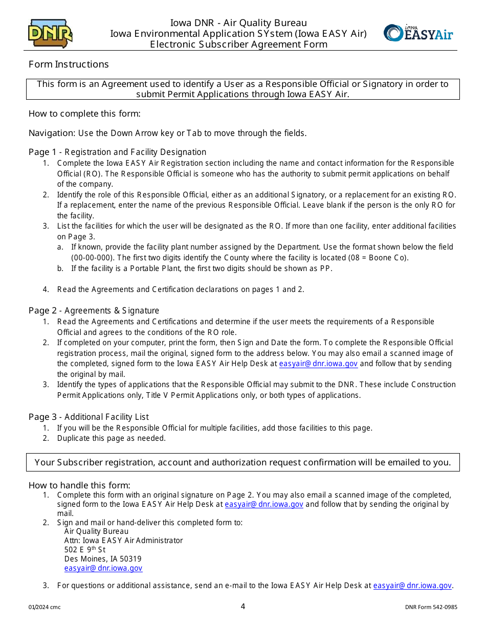 DNR Form 542-0985 Electronic Subscriber Agreement Form - Iowa Environmental Application System (Iowa Easy Air) - Iowa, Page 4