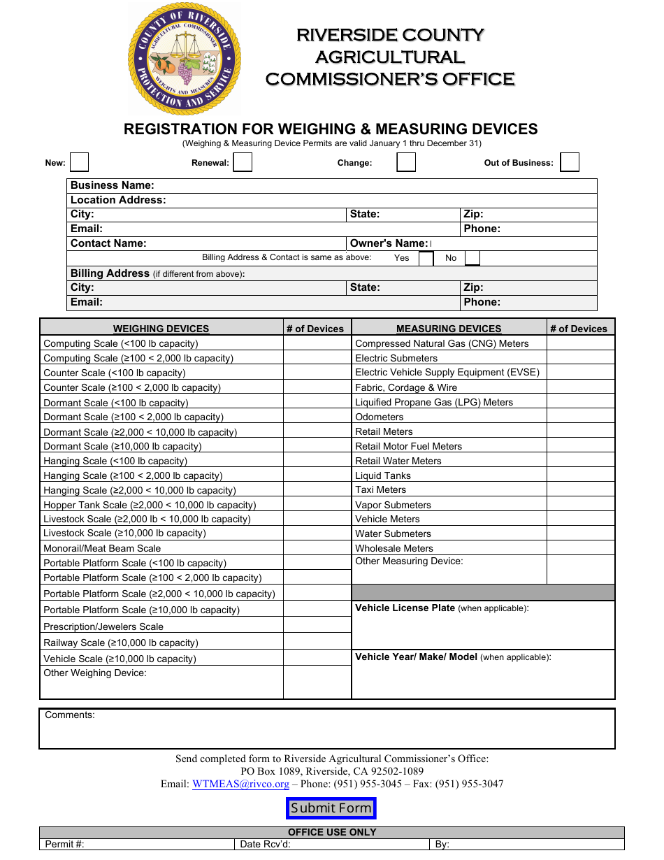 Registration for Weighing and Measuring Devices - County of Riverside, California, Page 1