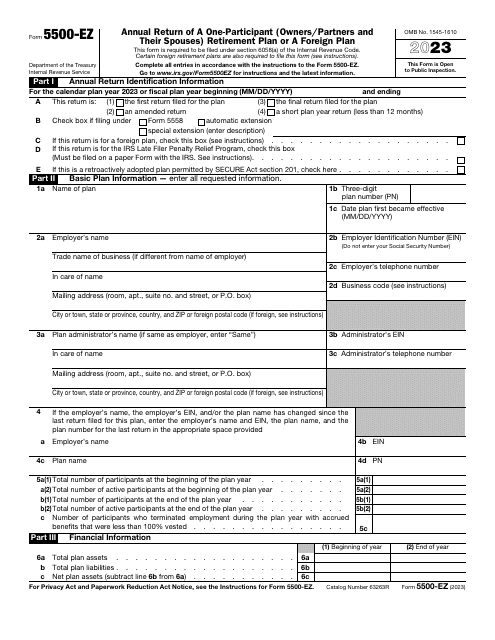 IRS Form 5500-EZ Annual Return of a One-Participant (Owners/Partners and Their Spouses) Retirement Plan or a Foreign Plan, 2023