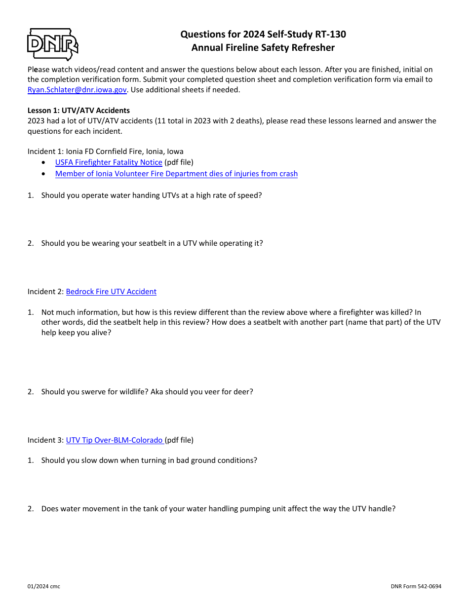 DNR Form 542-0694 Questions for Self-study Rt-130 Annual Fireline Safety Refresher - Iowa, Page 1