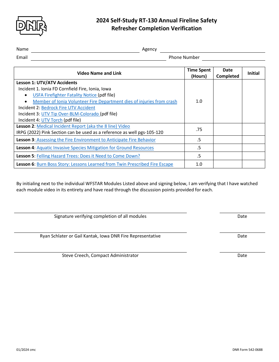 DNR Form 542-0688 Self-study Rt-130 Annual Fireline Safety Refresher Completion Verification - Iowa, Page 1