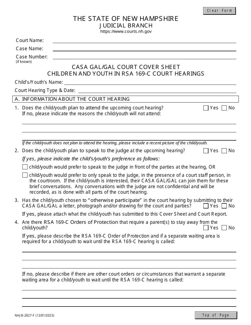 Form NHJB-2827-F Casa Gal / Gal Court Cover Sheet - Children and Youth in Rsa 169-c Court Hearings - New Hampshire, Page 1