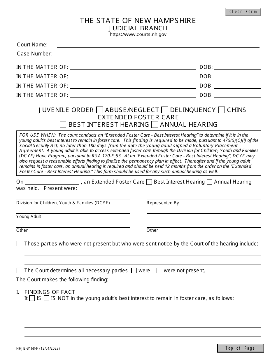 Form NHJB-3168-F Juvenile Order - Abuse / Neglect / Delinquency / Chins / Extended Foster Care / Best Interest Hearing / Annual Hearing - New Hampshire, Page 1