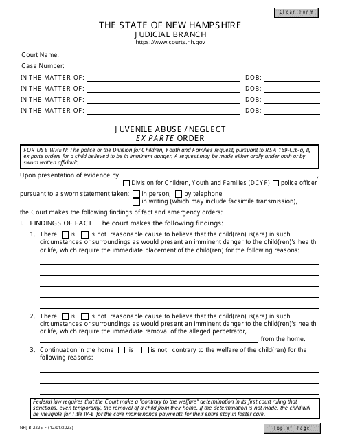 Form NHJB-2225-F Juvenile Abuse/Neglect Ex Parte Order - New Hampshire