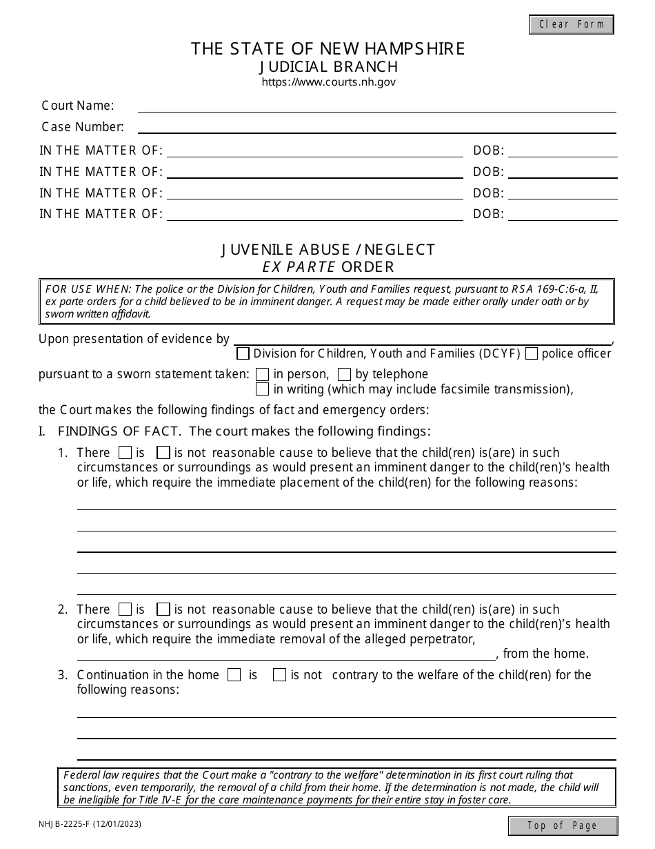 Form NHJB-2225-F Juvenile Abuse / Neglect Ex Parte Order - New Hampshire, Page 1