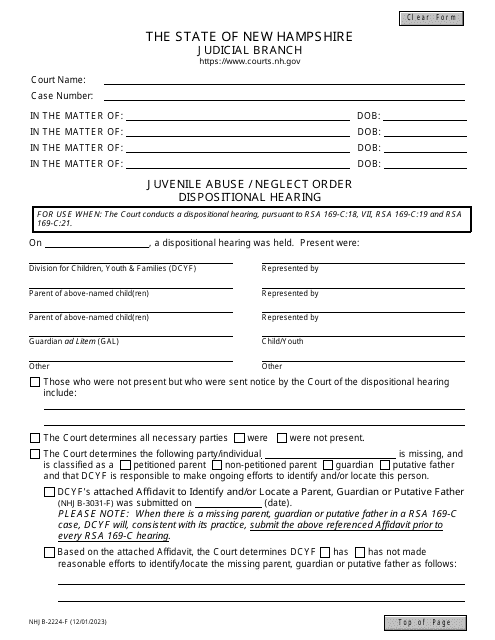 Form NHJB-2224-F Juvenile Abuse/Neglect Order - Dispositional Hearing - New Hampshire