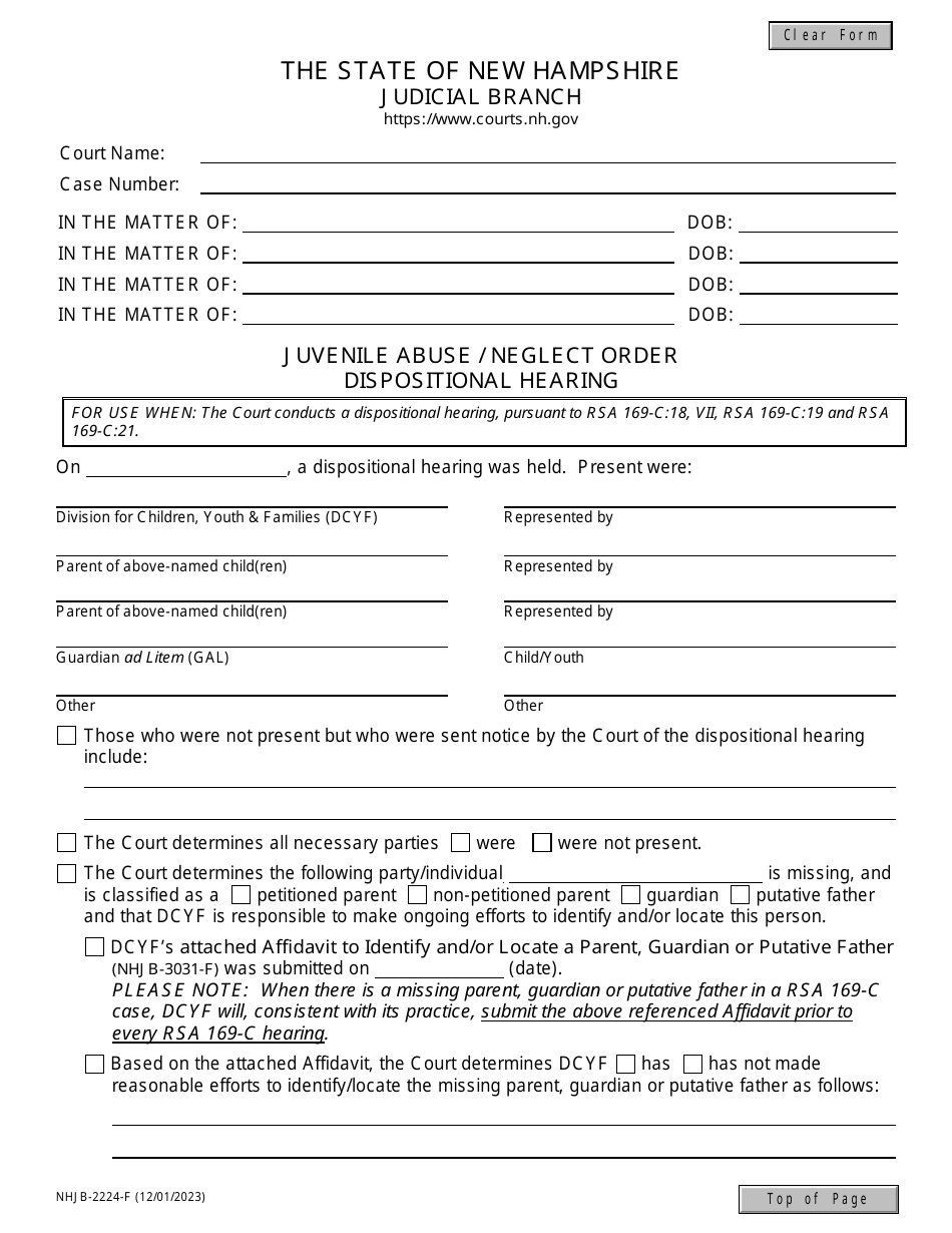 Form NHJB-2224-F Juvenile Abuse / Neglect Order - Dispositional Hearing - New Hampshire, Page 1