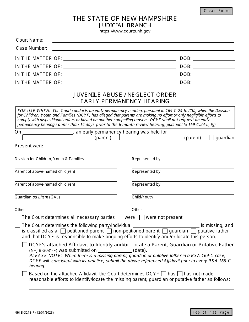 Form NHJB-3213-F Juvenile Abuse / Neglect Order - Early Permanency Hearing - New Hampshire, Page 1