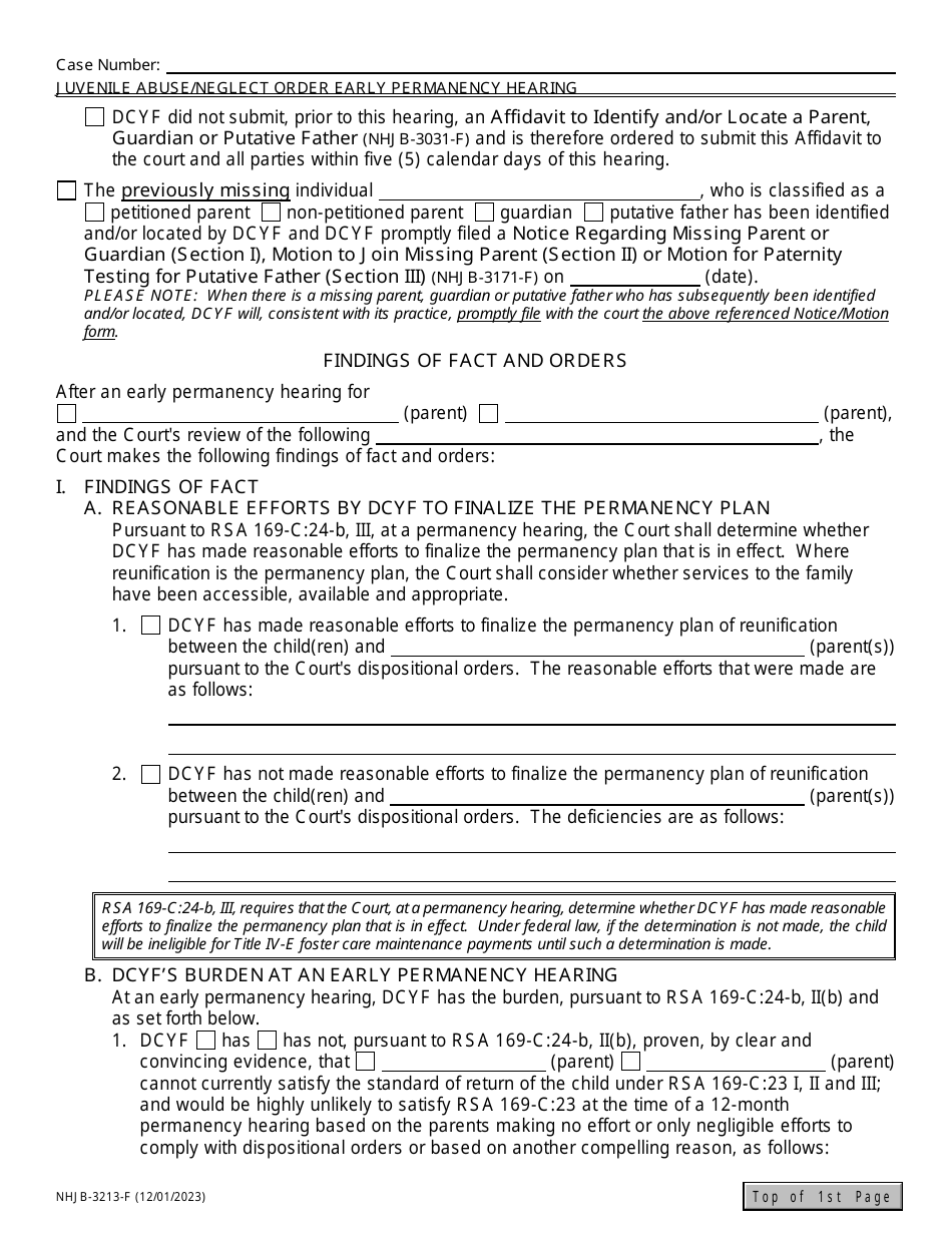 Form NHJB-3213-F Juvenile Abuse / Neglect Order - Early Permanency Hearing - New Hampshire, Page 2