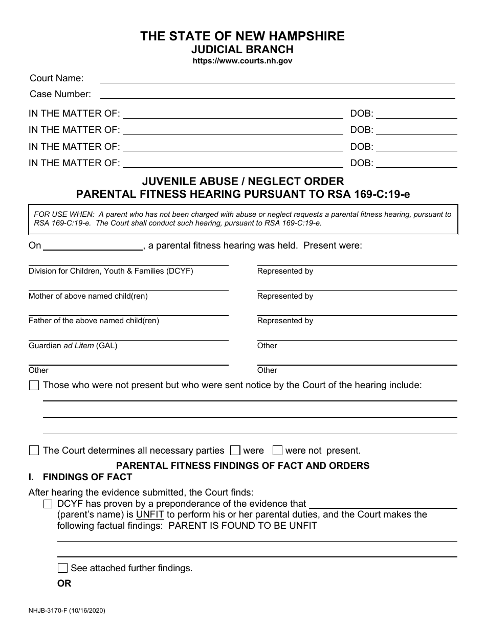 Form NHJB-3170-F Juvenile Abuse / Neglect Order - Parental Fitness Hearing Pursuant to Rsa 169-c:19-e - New Hampshire, Page 1