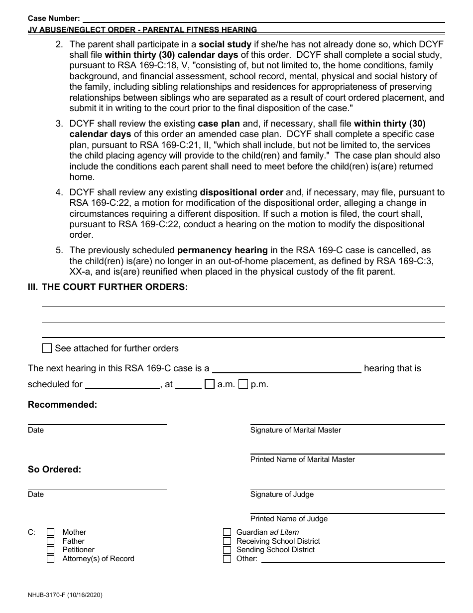 Form NHJB-3170-F Juvenile Abuse / Neglect Order - Parental Fitness Hearing Pursuant to Rsa 169-c:19-e - New Hampshire, Page 3