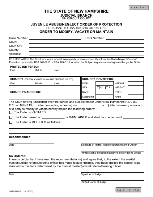 Form NHJB-3145-F Juvenile Abuse/Neglect Order of Protection - Order to Modify, Vacate or Maintain - New Hampshire