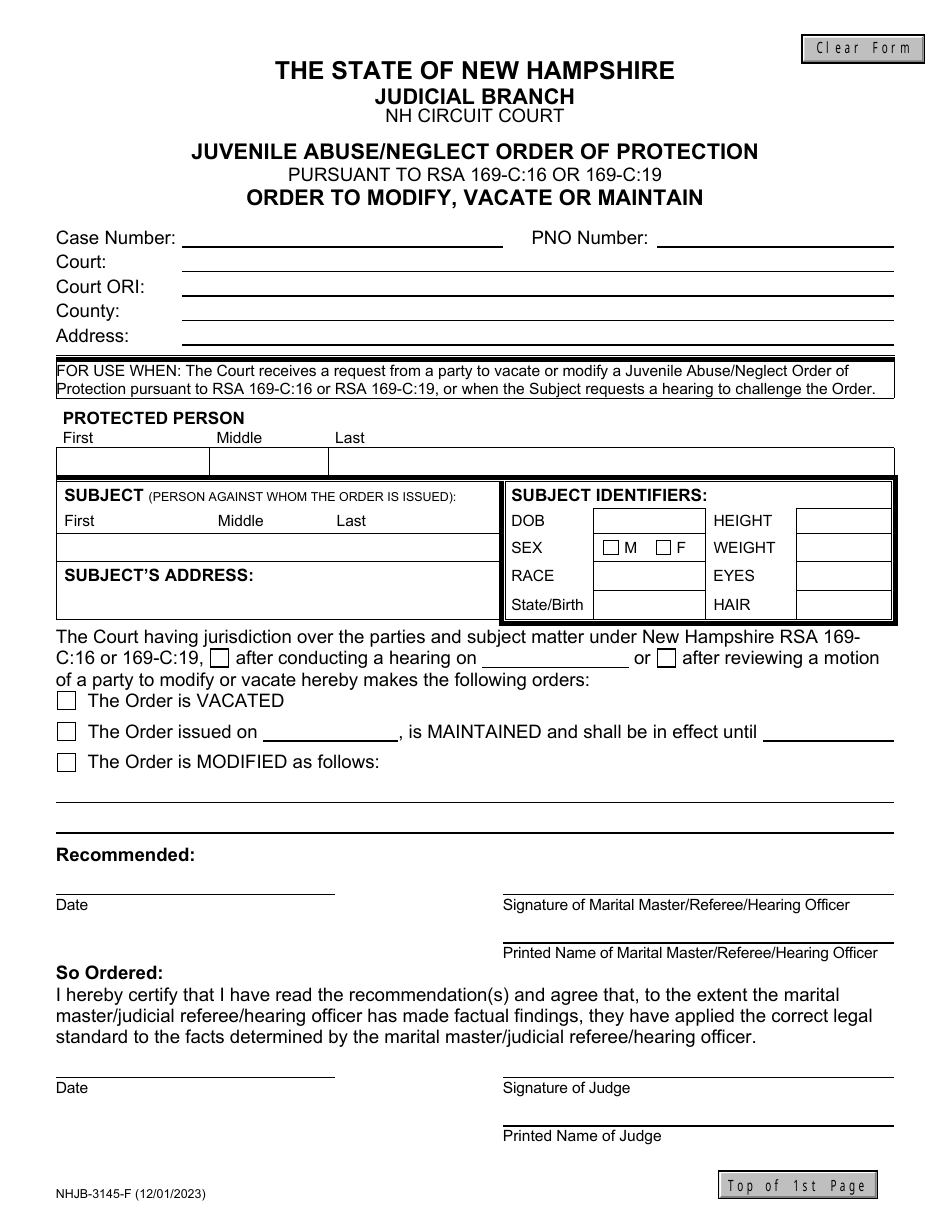 Form NHJB-3145-F Juvenile Abuse / Neglect Order of Protection - Order to Modify, Vacate or Maintain - New Hampshire, Page 1