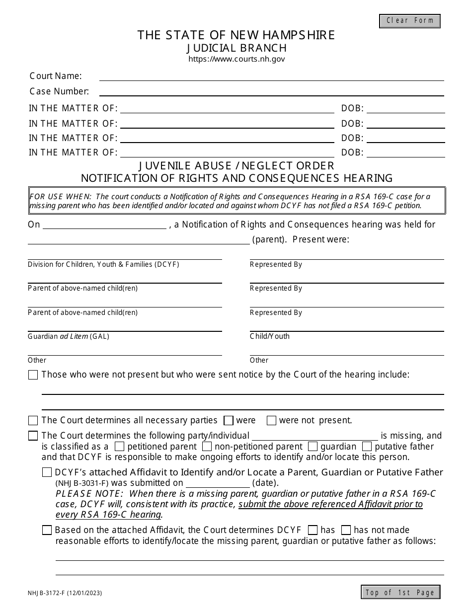 Form NHJB-3172-F Juvenile Abuse / Neglect Order - Notification of Rights and Consequences Hearing - New Hampshire, Page 1