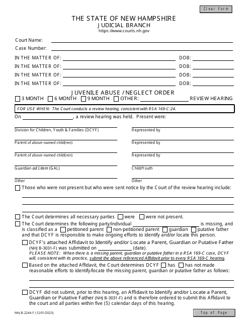 Form NHJB-2244-F Juvenile Abuse/Neglect Order Review Hearing - New Hampshire