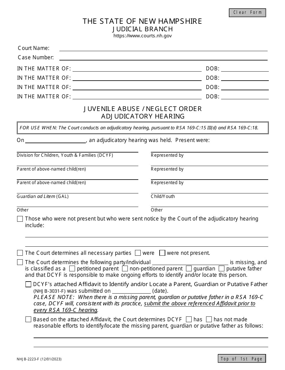 Form NHJB-2223-F Juvenile Abuse / Neglect Order - Adjudicatory Hearing - New Hampshire, Page 1