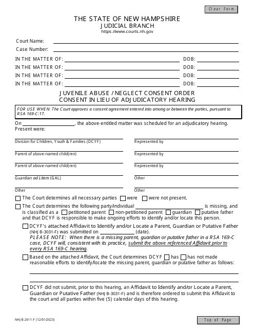 Form NHJB-2611-F Juvenile Abuse/Neglect Consent Order - Consent in Lieu of Adjudicatory Hearing - New Hampshire