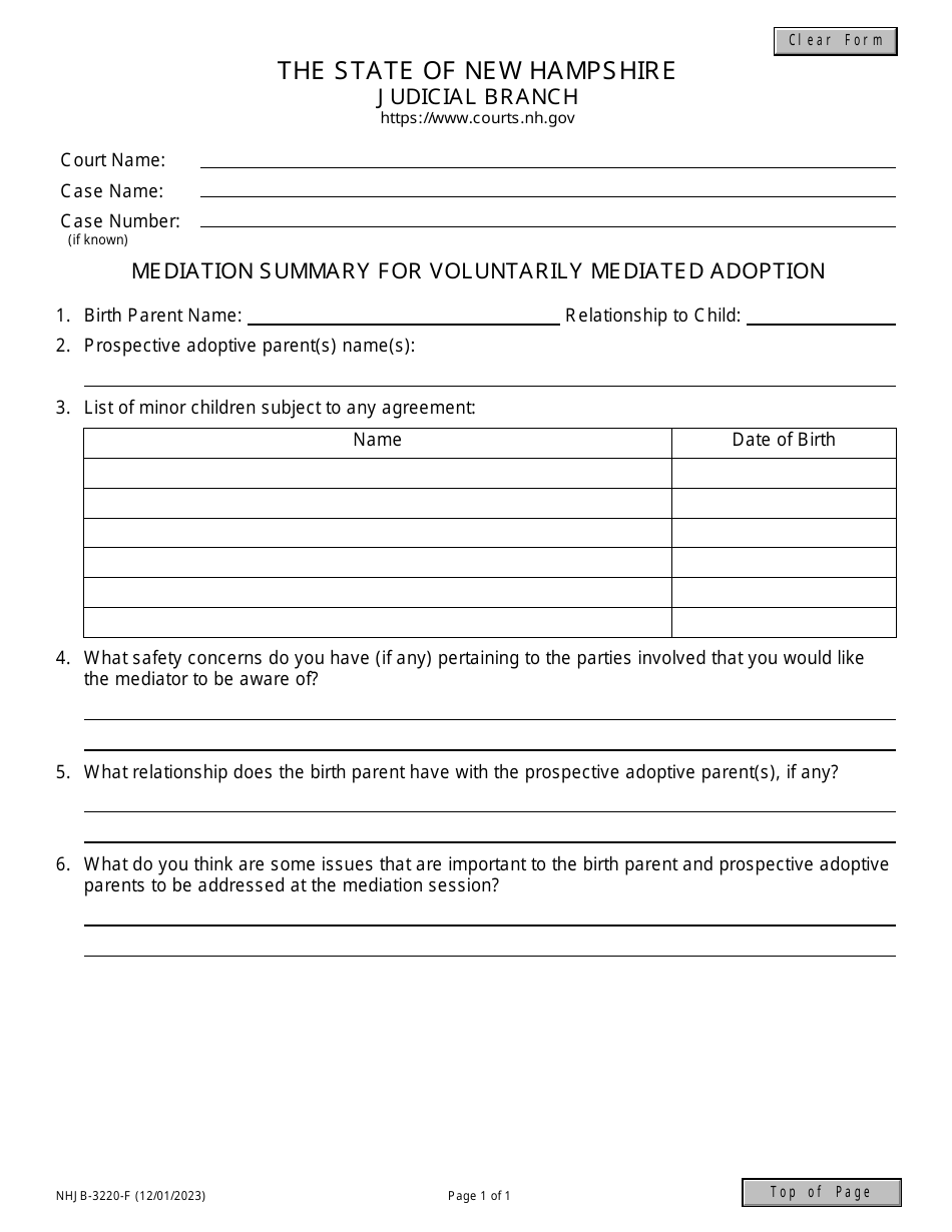 Form NHJB-3220-F Mediation Summary for Voluntarily Mediated Adoption - New Hampshire, Page 1