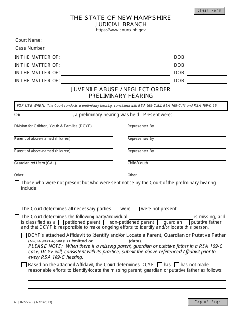 Form NHJB-2222-F Juvenile Abuse/Neglect Order - Preliminary Hearing - New Hampshire