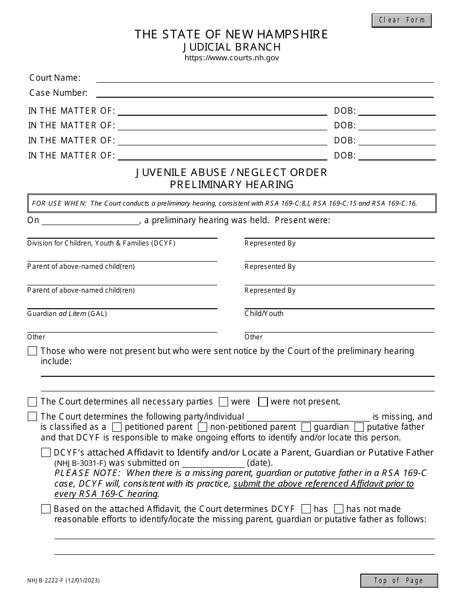 Form NHJB-2222-F Juvenile Abuse / Neglect Order - Preliminary Hearing - New Hampshire, Page 1
