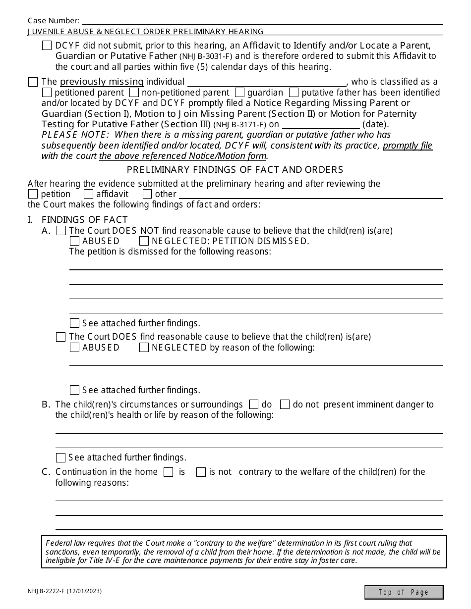 Form NHJB-2222-F Juvenile Abuse / Neglect Order - Preliminary Hearing - New Hampshire, Page 2