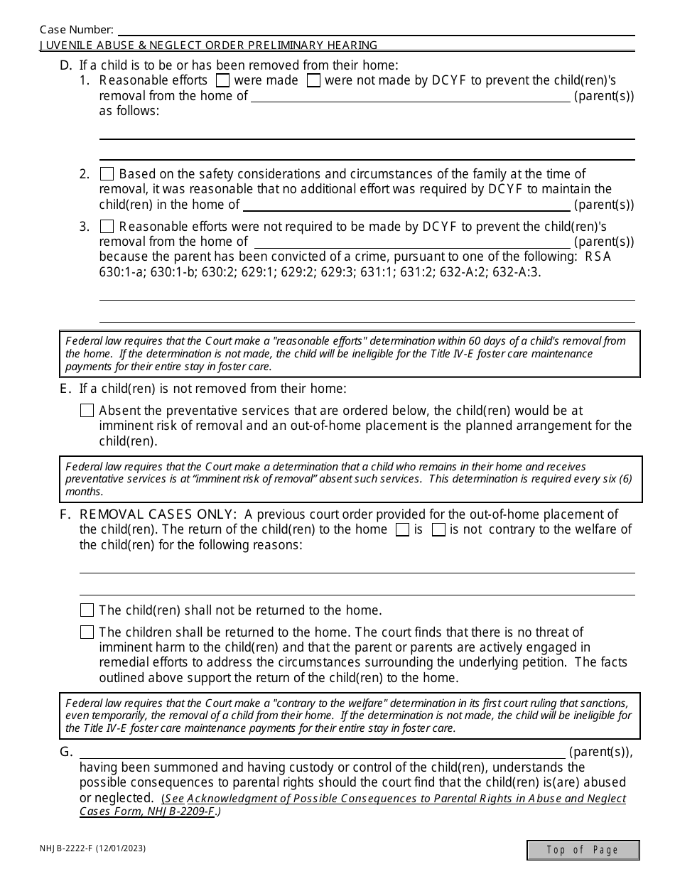 Form NHJB-2222-F Juvenile Abuse / Neglect Order - Preliminary Hearing - New Hampshire, Page 3