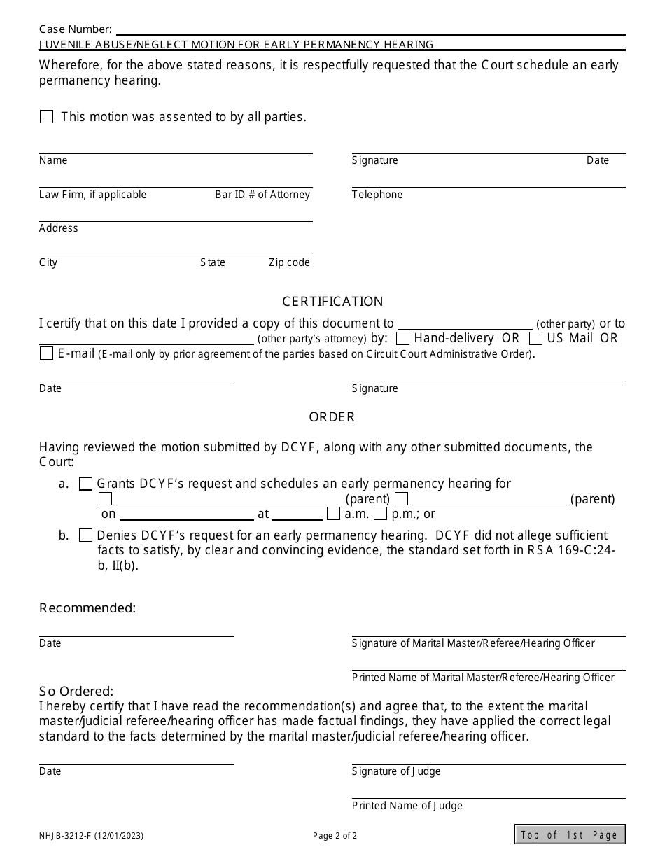 Form NHJB-3212-F Juvenile Abuse / Neglect Motion for Early Permanency Hearing - New Hampshire, Page 2