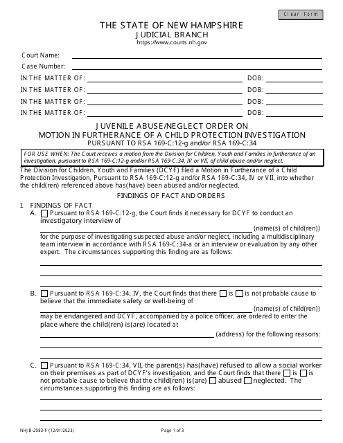 Form NHJB-2083-F Juvenile Abuse/Neglect Order on Motion in Furtherance of a Child Protection Investigation - New Hampshire