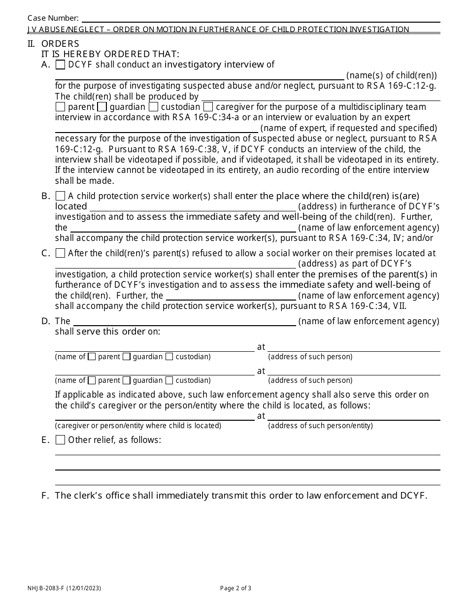 Form NHJB-2083-F Juvenile Abuse / Neglect Order on Motion in Furtherance of a Child Protection Investigation - New Hampshire, Page 2