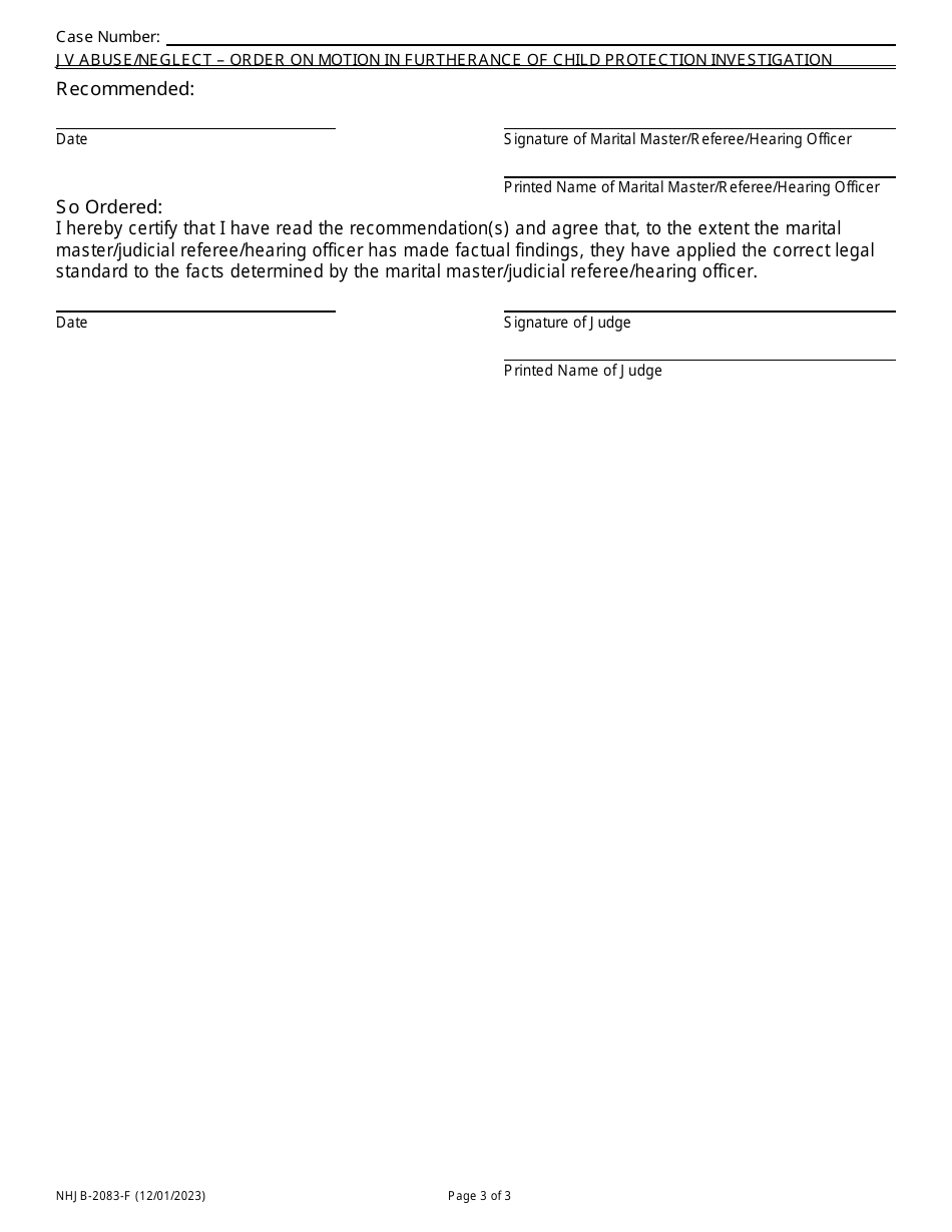 Form NHJB-2083-F Juvenile Abuse / Neglect Order on Motion in Furtherance of a Child Protection Investigation - New Hampshire, Page 3