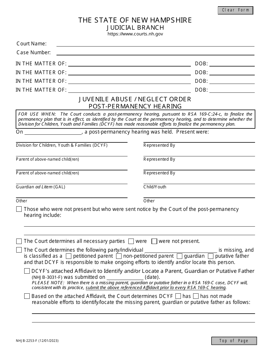 Form NHJB-2253-F Juvenile Abuse / Neglect Order - Post-permanency Hearing - New Hampshire, Page 1