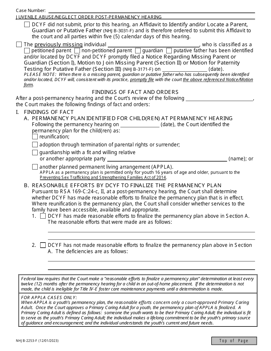 Form NHJB-2253-F Juvenile Abuse / Neglect Order - Post-permanency Hearing - New Hampshire, Page 2