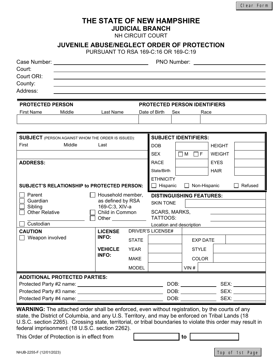 Form NHJB-2255-F Juvenile Abuse / Neglect Order of Protection - New Hampshire, Page 1
