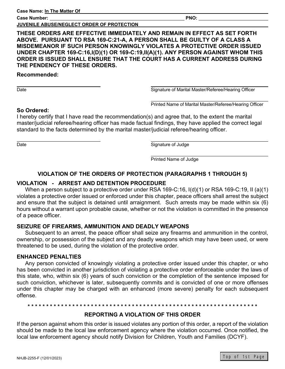 Form NHJB-2255-F Juvenile Abuse / Neglect Order of Protection - New Hampshire, Page 3