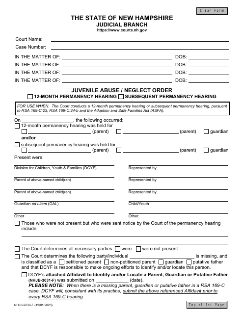 Form NHJB-2230-F Juvenile Abuse/Neglect Order - 12-month Permanency Hearing/Subsequent Permanency Hearing - New Hampshire