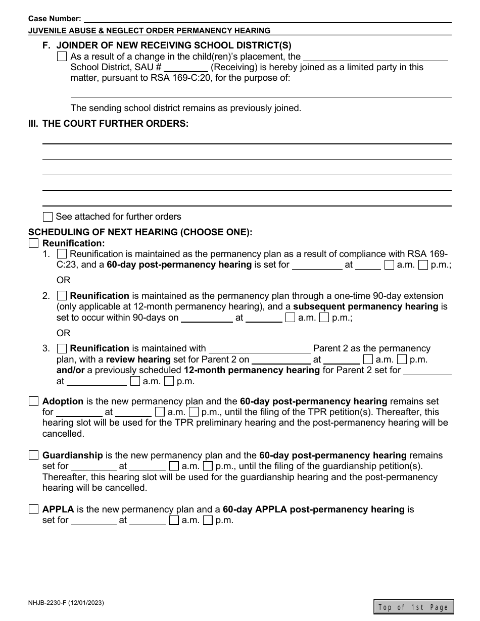 Form NHJB-2230-F Juvenile Abuse / Neglect Order - 12-month Permanency Hearing / Subsequent Permanency Hearing - New Hampshire, Page 10
