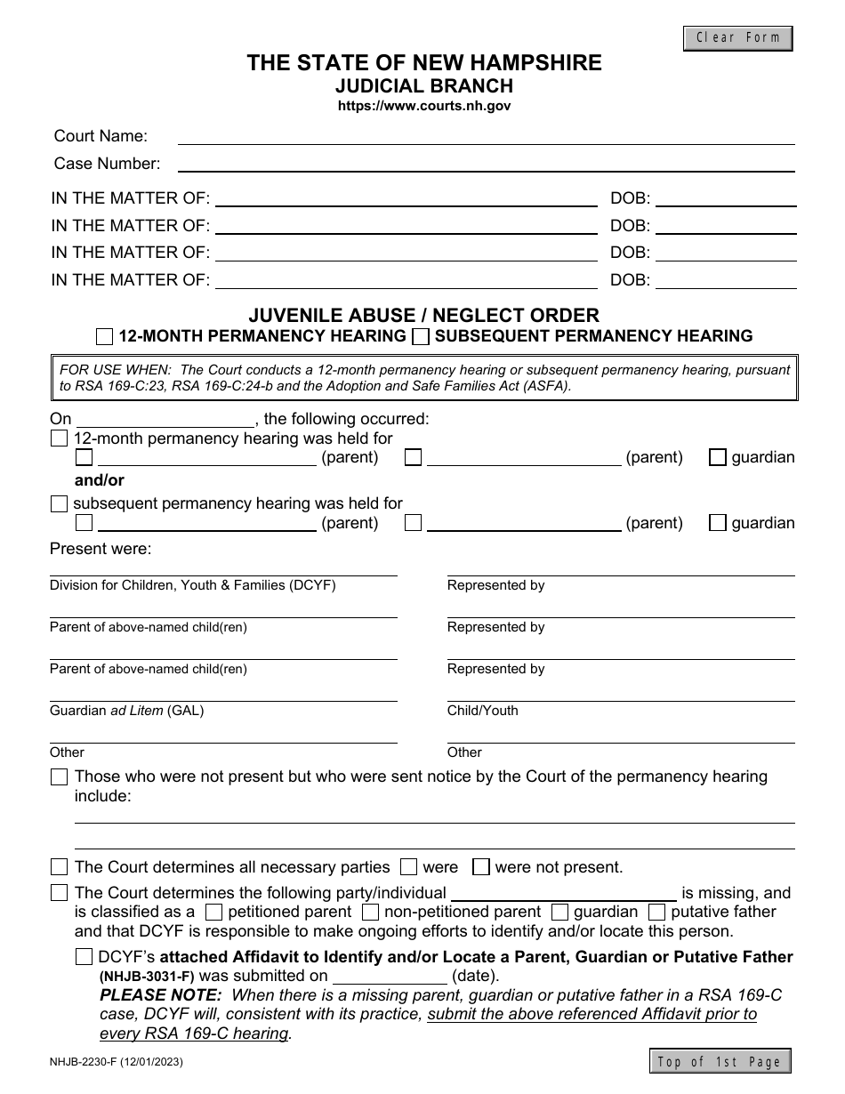 Form NHJB-2230-F Juvenile Abuse / Neglect Order - 12-month Permanency Hearing / Subsequent Permanency Hearing - New Hampshire, Page 1