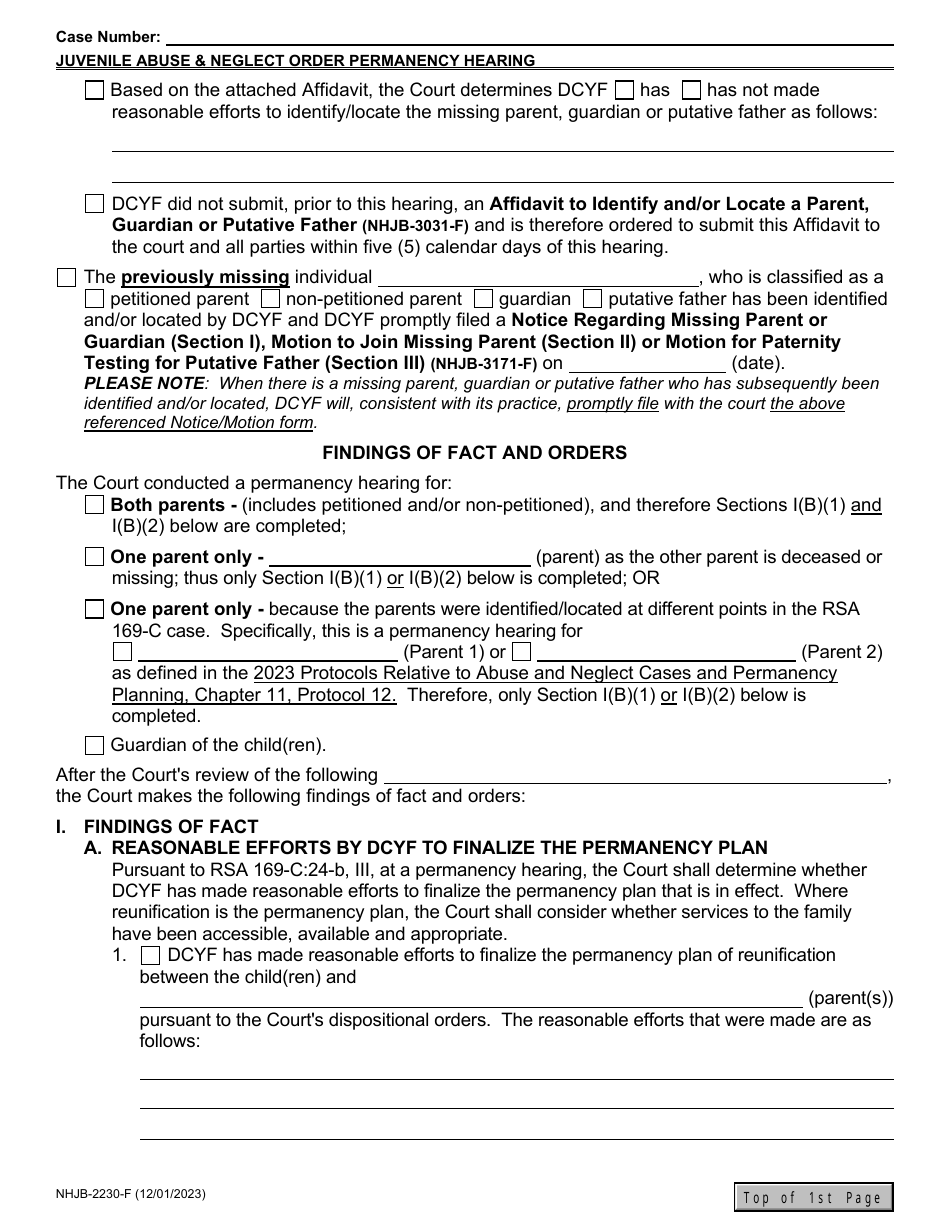 Form NHJB-2230-F Juvenile Abuse / Neglect Order - 12-month Permanency Hearing / Subsequent Permanency Hearing - New Hampshire, Page 2