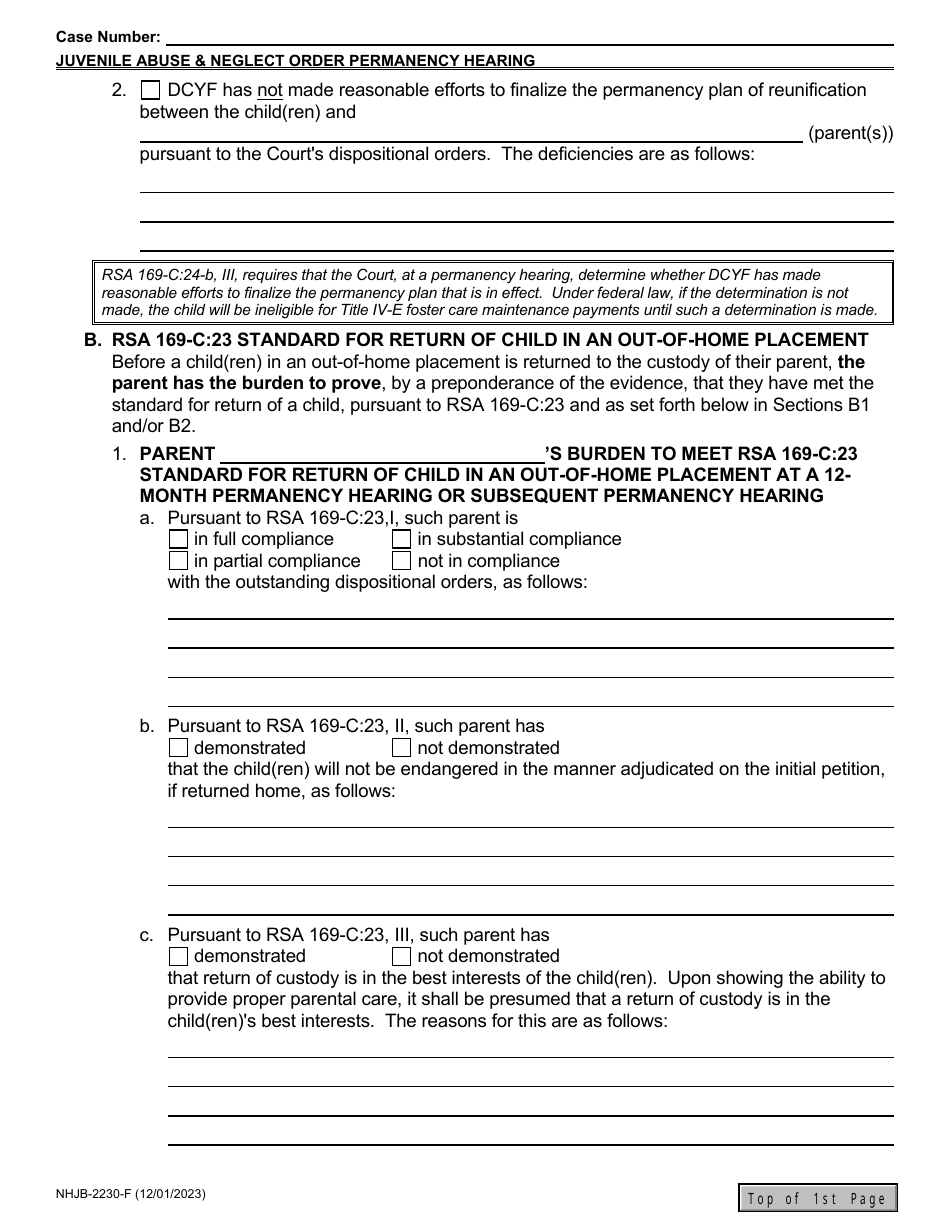 Form NHJB-2230-F Juvenile Abuse / Neglect Order - 12-month Permanency Hearing / Subsequent Permanency Hearing - New Hampshire, Page 3