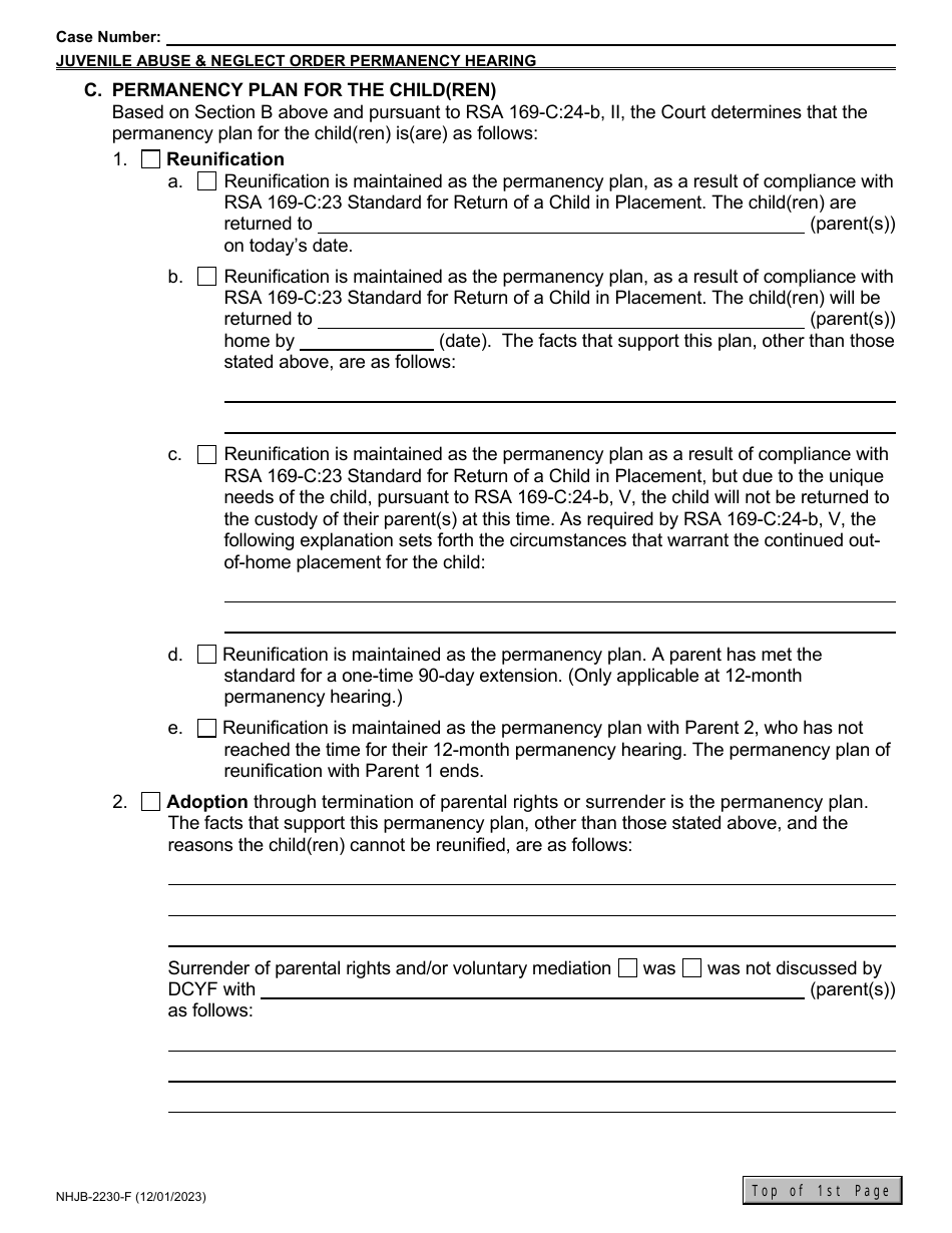 Form NHJB-2230-F Juvenile Abuse / Neglect Order - 12-month Permanency Hearing / Subsequent Permanency Hearing - New Hampshire, Page 5