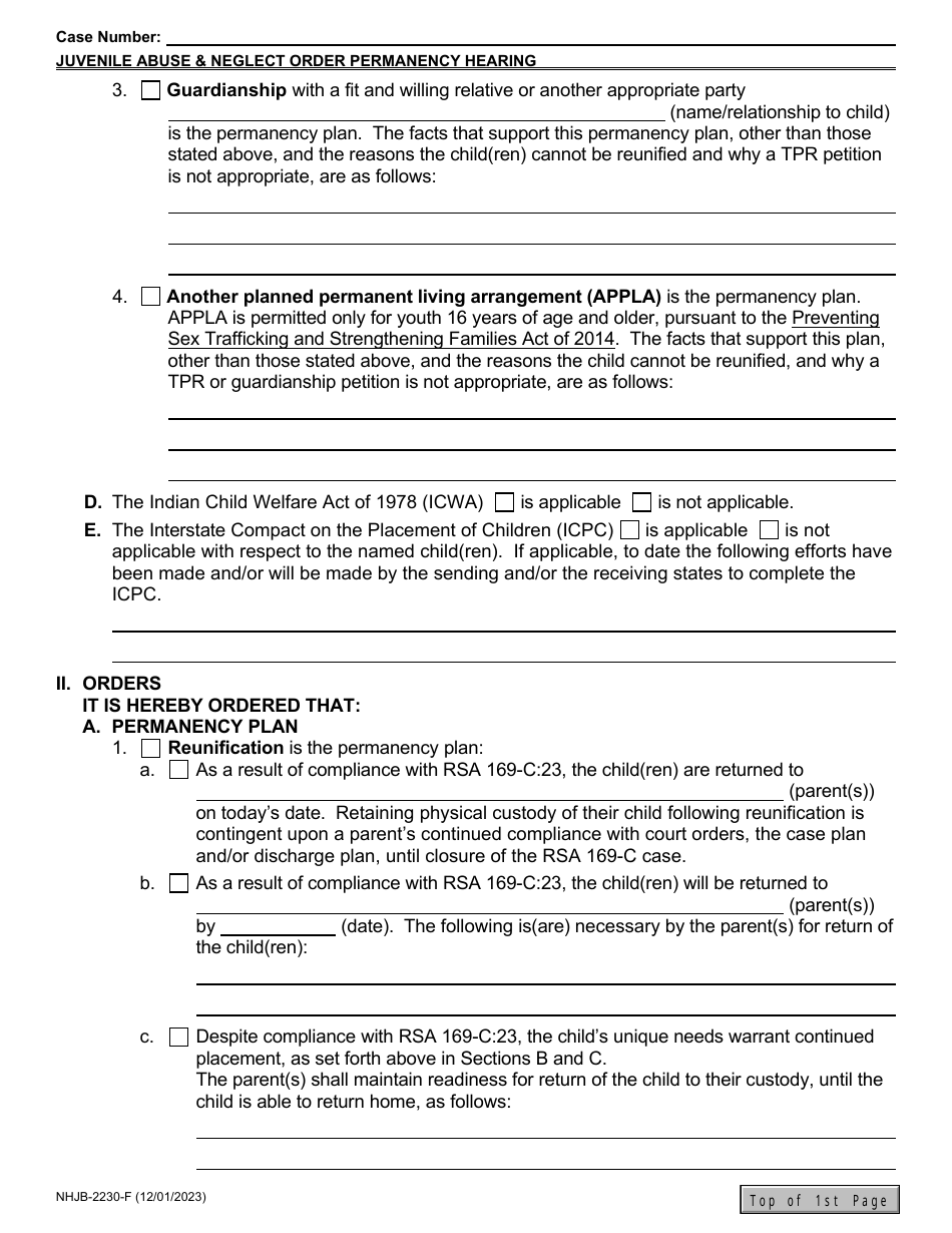 Form NHJB-2230-F Juvenile Abuse / Neglect Order - 12-month Permanency Hearing / Subsequent Permanency Hearing - New Hampshire, Page 6