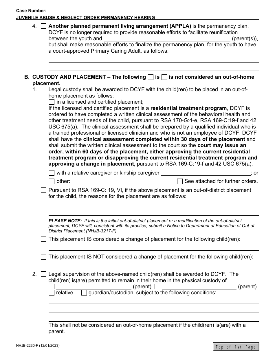 Form NHJB-2230-F Juvenile Abuse / Neglect Order - 12-month Permanency Hearing / Subsequent Permanency Hearing - New Hampshire, Page 8