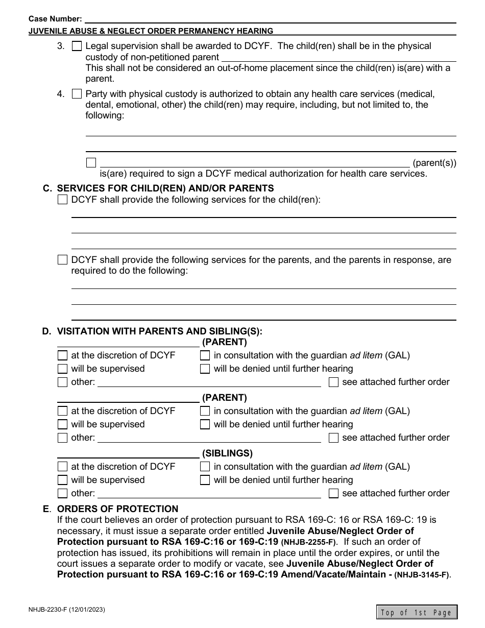 Form NHJB-2230-F Juvenile Abuse / Neglect Order - 12-month Permanency Hearing / Subsequent Permanency Hearing - New Hampshire, Page 9