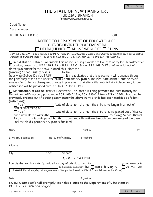 Form NHJB-3217-F Notice to Department of Education of out-Of-District Placement in Delinquency/Abuse/Neglect/Chins - New Hampshire