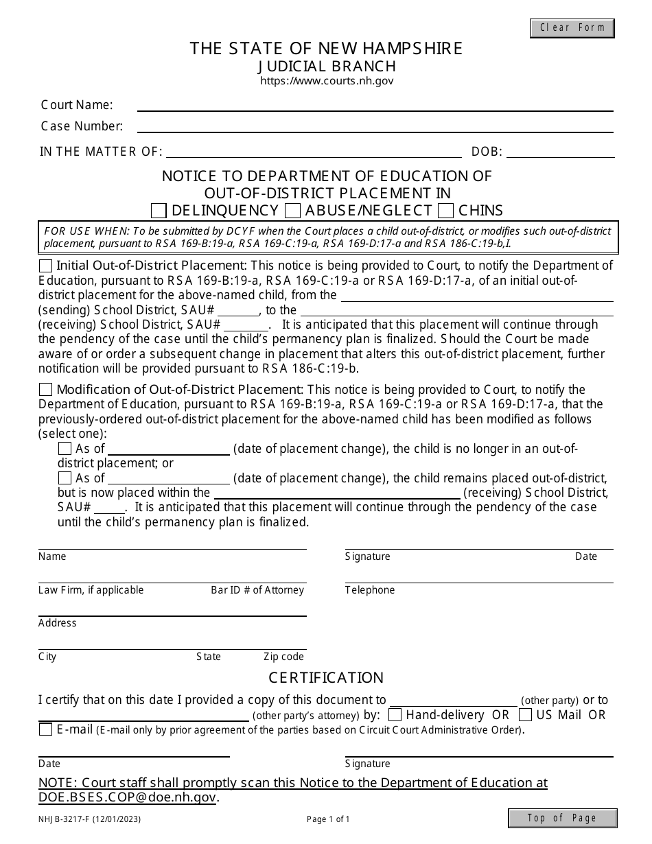 Form NHJB-3217-F Notice to Department of Education of out-Of-District Placement in Delinquency / Abuse / Neglect / Chins - New Hampshire, Page 1